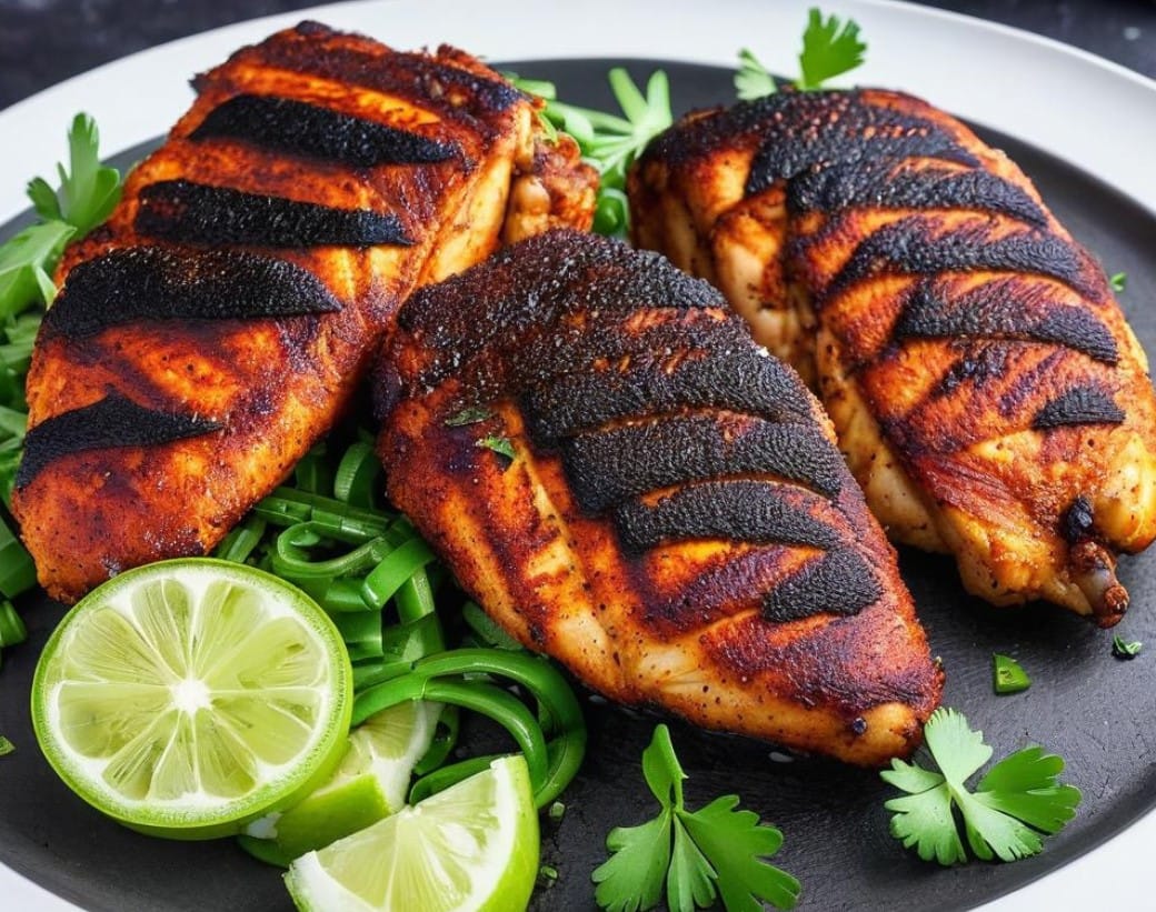 Juicy blackened chicken breasts with a crispy, charred crust, served with a side of fresh vegetables on a white plate.