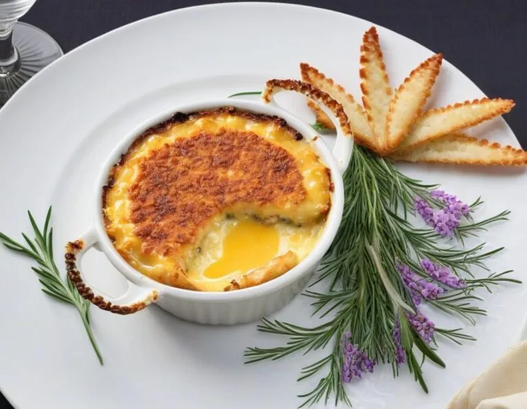 Delicious Crab Brulee served in a ramekin, topped with a golden caramelized sugar crust and garnished with fresh herbs.