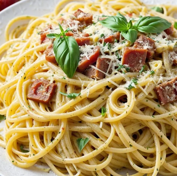 Close-up of Classic Spaghetti Carbonara recipe with al dente pasta coated in a rich, velvety egg sauce and sprinkled with black pepper and Parmesan.