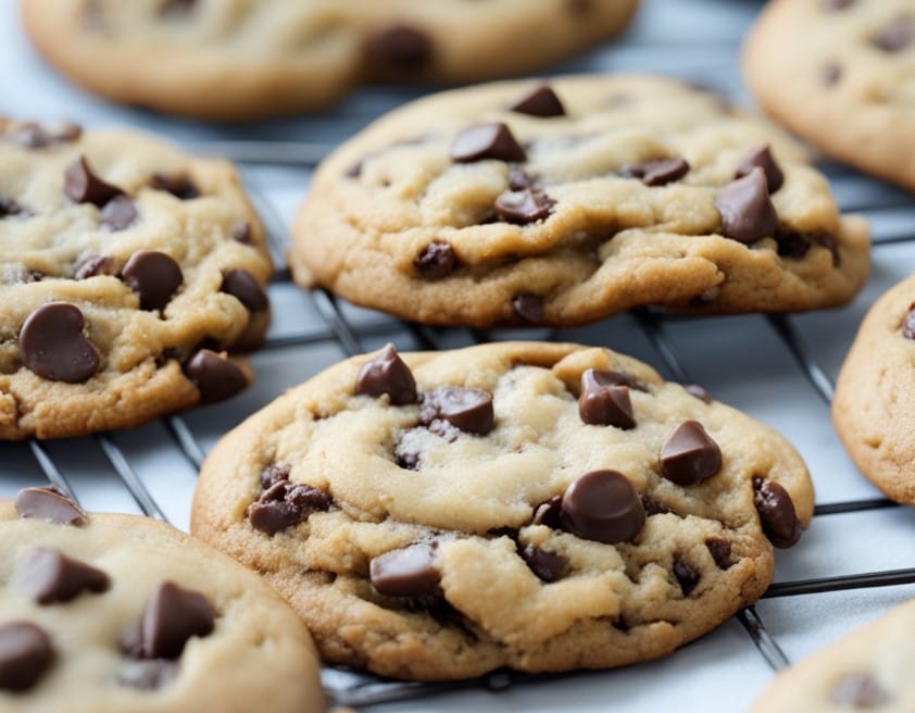 A batch of freshly baked chewy chocolate chip cookies, with golden-brown edges and gooey melted chocolate chips throughout.