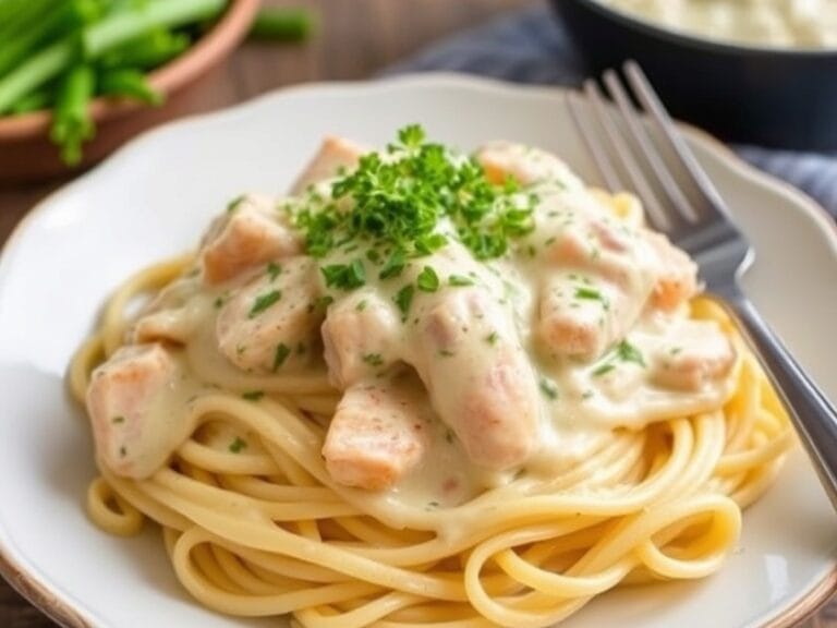 A plate of creamy chicken Alfredo pasta topped with parsley and Parmesan cheese, served with garlic bread on the side.