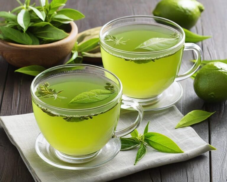A steaming cup of green tea with fresh mint leaves and a lemon slice on the side. Green Tea Drink Recipe