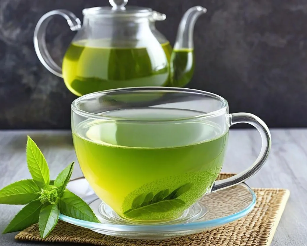 Close-up of green tea in a ceramic cup, surrounded by tea leaves and herbs. Green Tea Drink Recipe