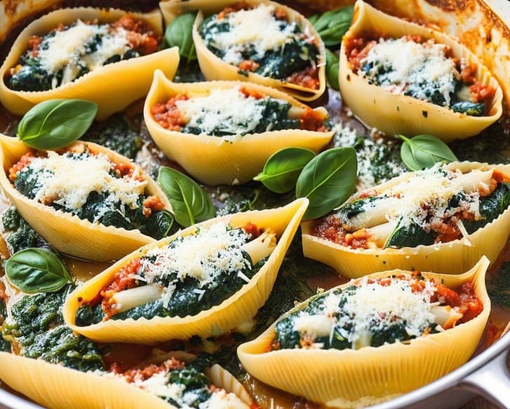 A plate of Healthy Spinach and Ricotta Stuffed Shells, filled with creamy ricotta and fresh spinach, topped with marinara sauce and melted cheese.