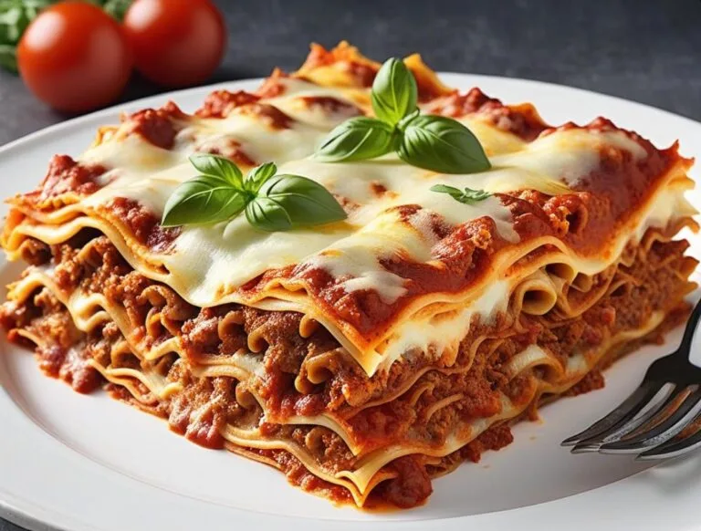 A hearty slice of classic homemade lasagna with layers of rich meat sauce, creamy ricotta, and melted cheese, served on a white plate.