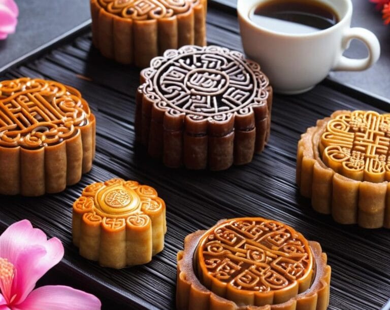 Traditional mooncakes with intricate patterns, filled with red bean paste, displayed on a wooden tray.