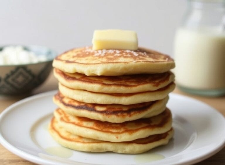 A batch of golden-brown pancakes made with sourdough discard, topped with fresh berries and maple syrup.
