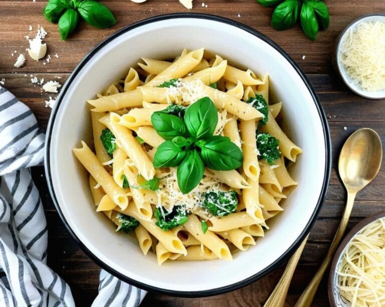 A serving of One-Pot Creamy Garlic Parmesan Pasta, featuring perfectly cooked pasta coated in a rich, velvety garlic and Parmesan sauce, garnished with fresh parsley.