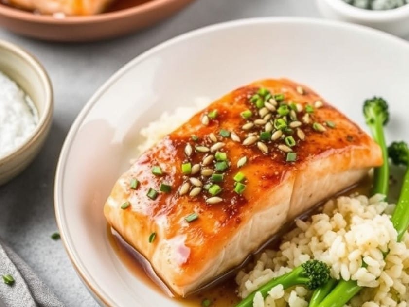 Glazed miso salmon fillet served with steamed rice and vegetables.