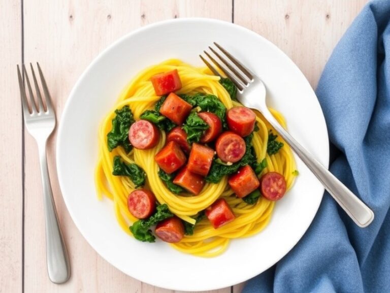 A low-carb dish of roasted spaghetti squash with sausage and kale.