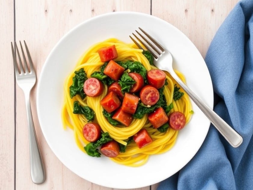 A low-carb dish of roasted spaghetti squash with sausage and kale.