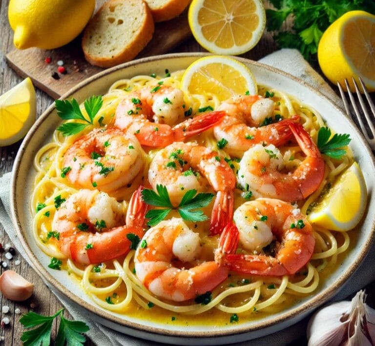 Lemon Garlic Shrimp Scampi served with buttery shrimp and fresh herbs.