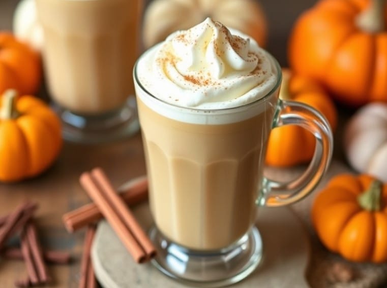 A steaming cup of Pumpkin Spice Latte topped with whipped cream and sprinkled with cinnamon, capturing the flavors of fall.