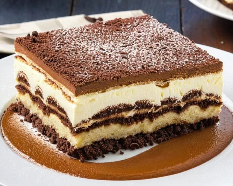 A slice of Classic Tiramisu recipe, featuring layers of coffee-soaked ladyfingers, creamy mascarpone filling, and a dusting of cocoa powder on top.