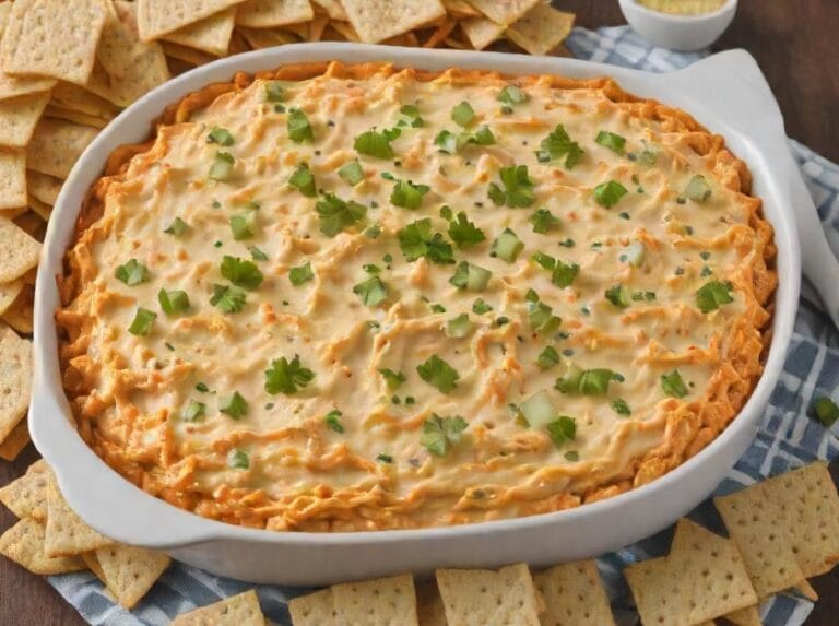 A bubbling dish of Buffalo Chicken Dip recipe, topped with melted cheese and green onions, served with tortilla chips for dipping.