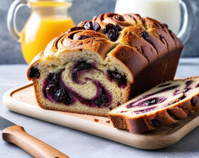 Image of homemade cinnamon swirl raisin bread loaf sliced and ready to serve.