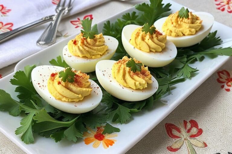 Classic deviled eggs recipe topped with paprika and chives on a white serving plate.