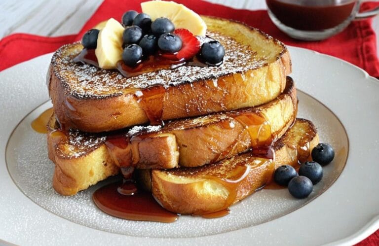 Golden brown French toast slices topped with fresh berries and a drizzle of maple syrup.