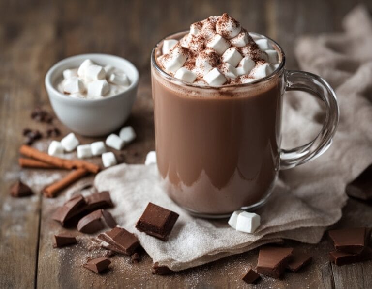 A mug of creamy homemade hot chocolate topped with whipped cream and chocolate shavings, served on a wooden table for a cozy treat.