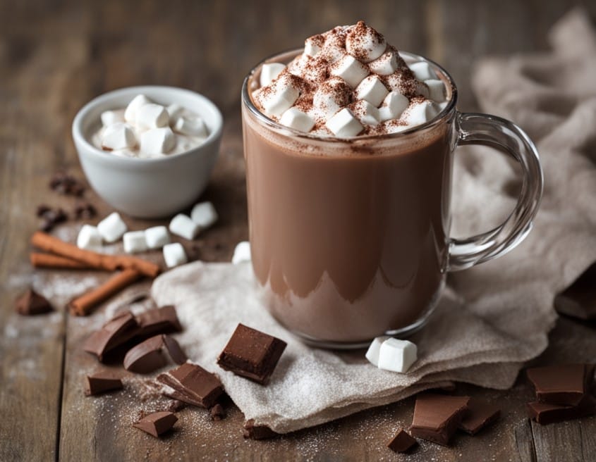 A mug of creamy homemade hot chocolate topped with whipped cream and chocolate shavings, served on a wooden table for a cozy treat.