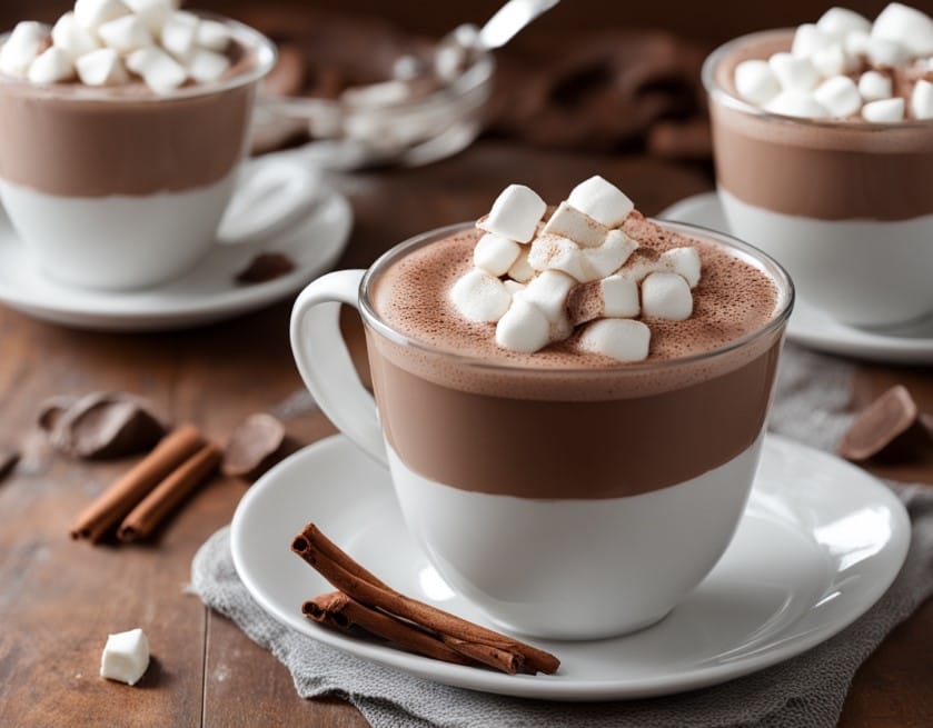 Close-up of rich, steaming hot chocolate in a mug, topped with fluffy marshmallows and a sprinkle of cocoa powder.