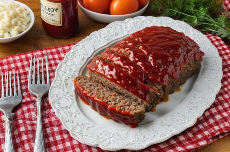 Classic meatloaf recipe with ketchup glaze on a wooden cutting board.