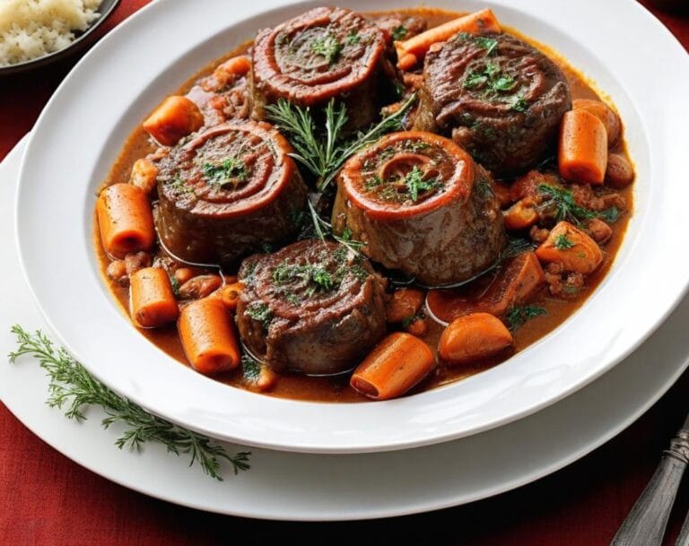 Classic Italian Osso Buco recipe with braised veal shanks in a rich tomato sauce, topped with gremolata.
