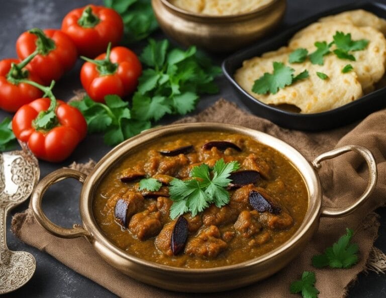 A hearty serving of Persian Khoresht-e Bademjan, a vegan eggplant stew, garnished with fresh parsley and served alongside fluffy saffron rice. Persian Vegan Recipe