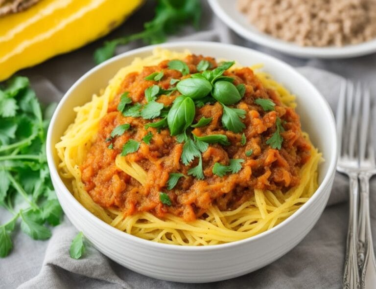 Vegan Spaghetti Squash Recipe: A Light, Plant-Based Dinner is A beautifully plated dish of spaghetti squash topped with rich marinara sauce, garnished with fresh basil and a sprinkle of nutritional yeast