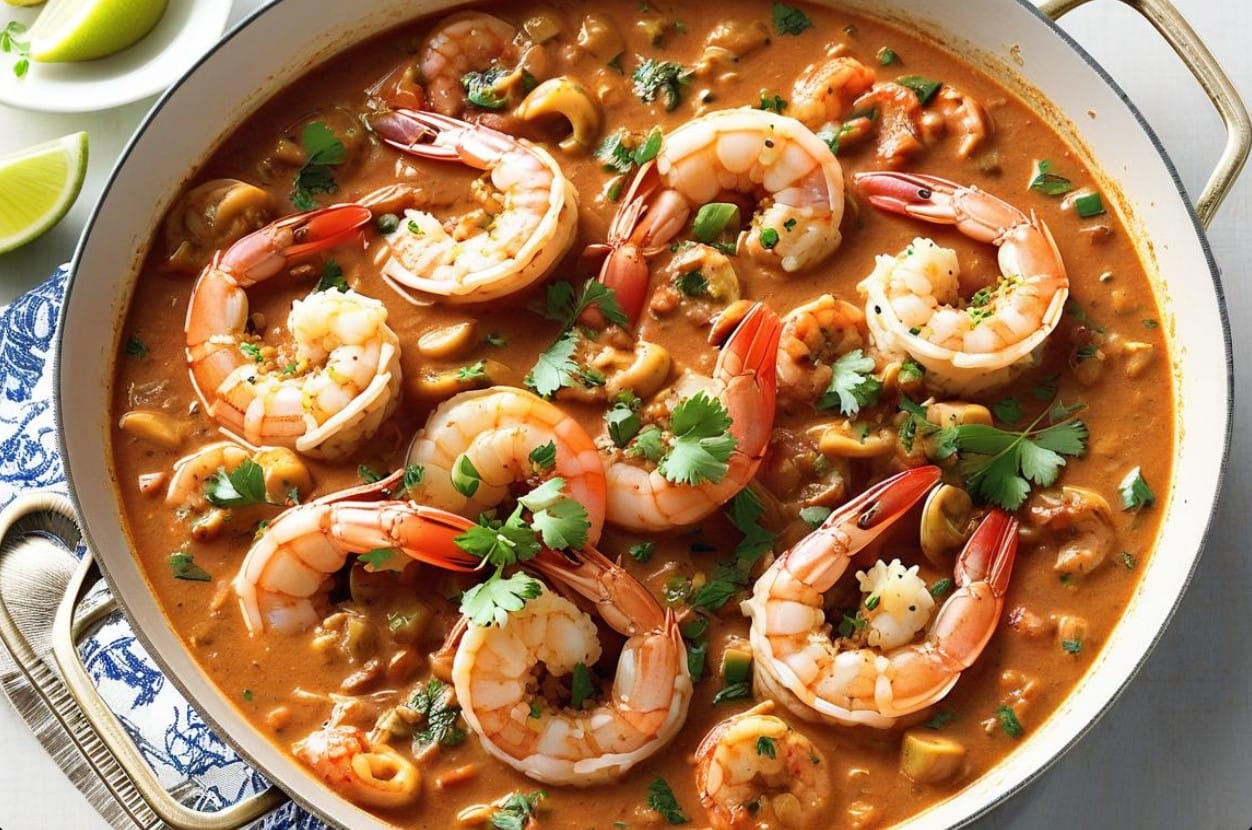 Classic shrimp étouffée with a creamy, spicy Cajun sauce served over rice.