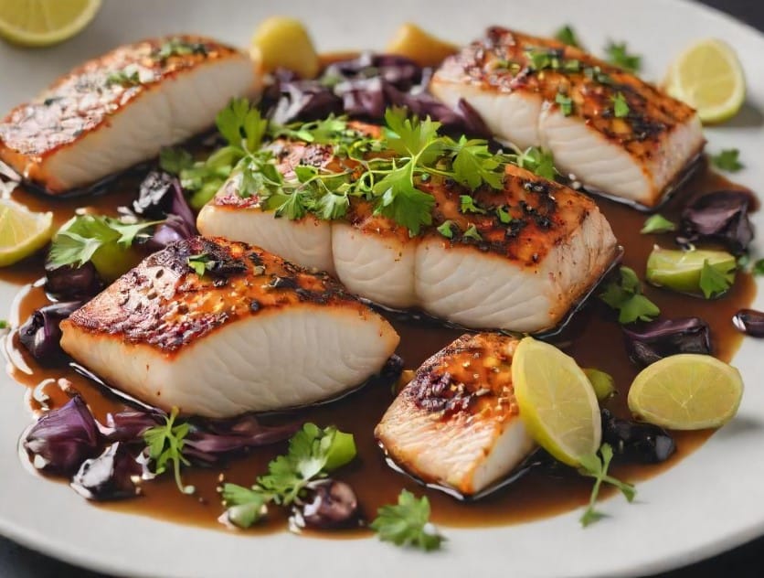 Perfectly baked black cod recipe fillet with a soy-ginger glaze, garnished with green onions and sesame seeds, served on a white plate with a lemon wedge.