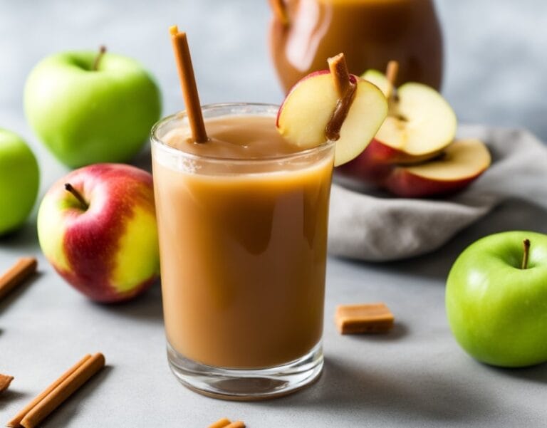 A warm mug of Caramel Apple Drink recipe, topped with whipped cream and drizzled with caramel sauce, garnished with a thin apple slice and cinnamon stick, perfect for fall.