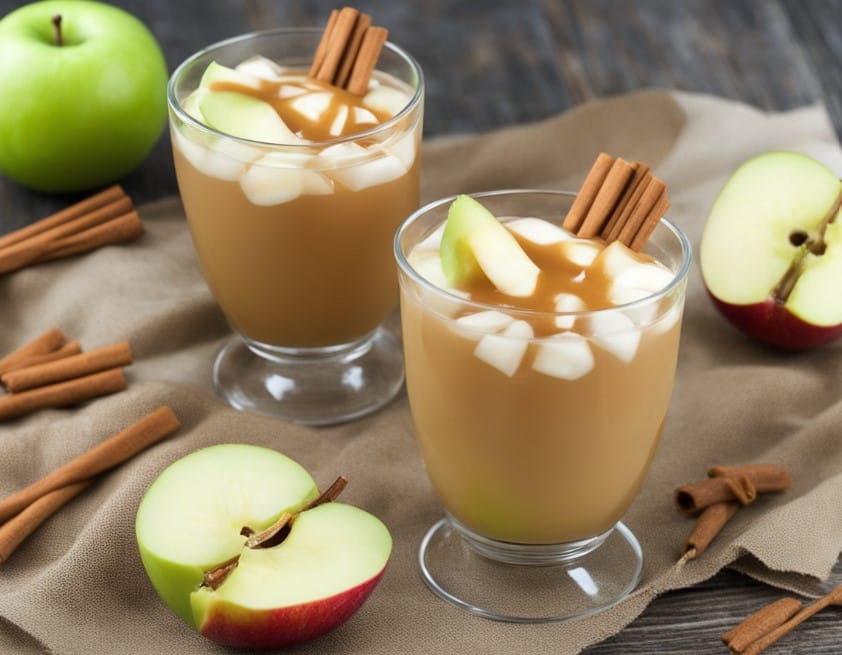 Two mugs of steaming Caramel Apple Drink, with whipped cream, caramel drizzle, and garnished with fresh apple slices, showcasing a cozy fall beverage scene.