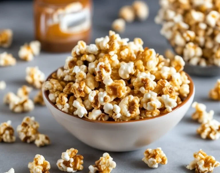 A bowl of golden, crispy caramel popcorn perfect for a homemade sweet snack recipe.
