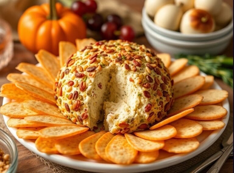 A creamy cheese ball coated with chopped pecans, served on a wooden platter with crackers and sliced veggies.