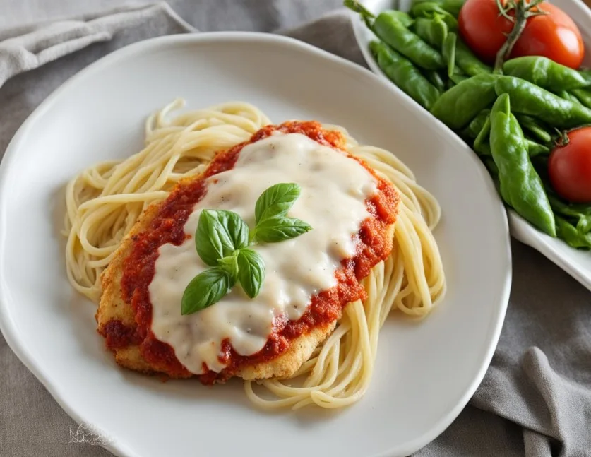 A delicious serving of crispy, golden Chicken Parmesan topped with melted cheese and marinara sauce, garnished with fresh basil leaves.