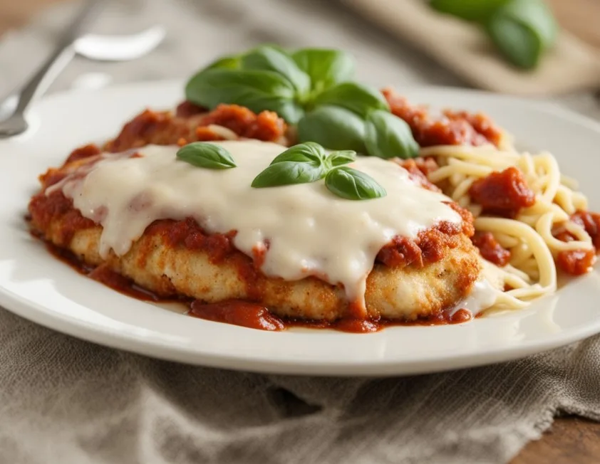 Close-up of crispy Chicken Parmesan topped with marinara sauce and melted mozzarella cheese, served alongside a fresh green salad and garlic bread.
