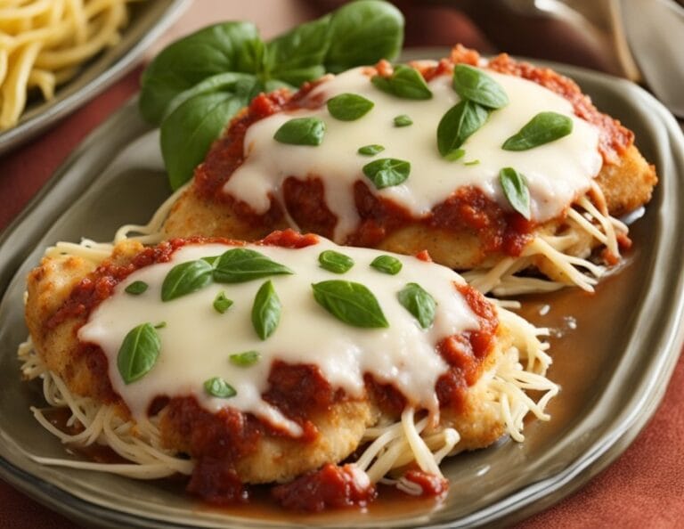 A delicious serving of crispy, golden Chicken Parmesan topped with melted cheese and marinara sauce, garnished with fresh basil leaves. chicken parmesan recipe