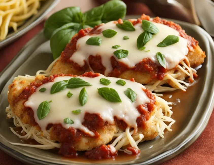 A delicious serving of crispy, golden Chicken Parmesan topped with melted cheese and marinara sauce, garnished with fresh basil leaves. chicken parmesan recipe