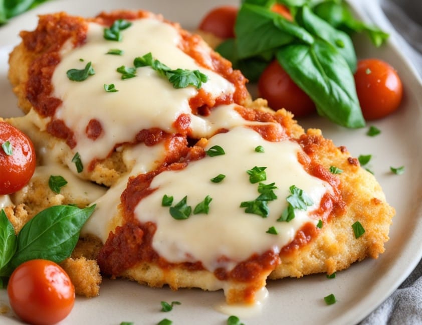 A close-up of a cheesy, saucy Chicken Parmesan on a plate with spaghetti and garlic bread on the side, ready to be enjoyed.
chicken parmesan recipe
