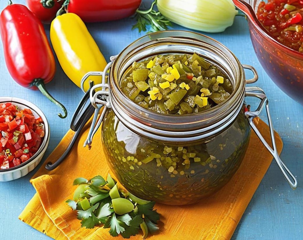 A jar of homemade Chow Chow relish with cabbage, tomatoes, and bell peppers.