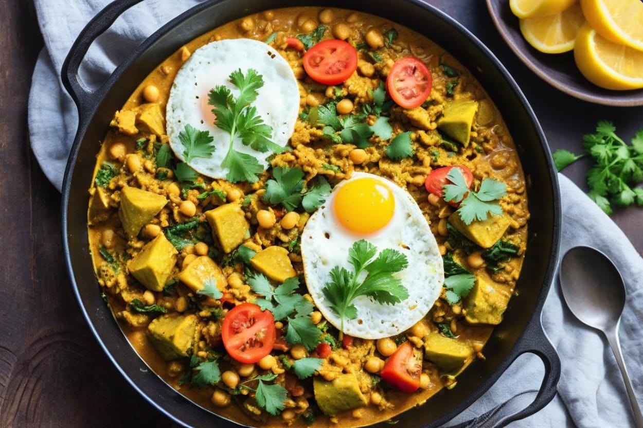 Easy vegan breakfast curry served warm with fresh cilantro garnish.