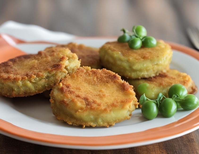 A plate of golden-brown Fried Green Tomatoes arranged neatly on a dish. The crispy cornmeal coating gives the tomatoes a crunchy texture, with light seasoning visible on the surface. The tomatoes inside are tender and slightly tangy, contrasting perfectly with the crisp exterior. Garnished with fresh parsley and served alongside a dipping sauce, these fried green tomatoes look inviting and full of Southern charm.