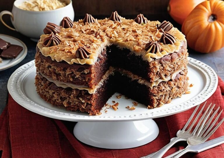 A slice of homemade German chocolate cake with rich chocolate layers and a coconut-pecan frosting on top.