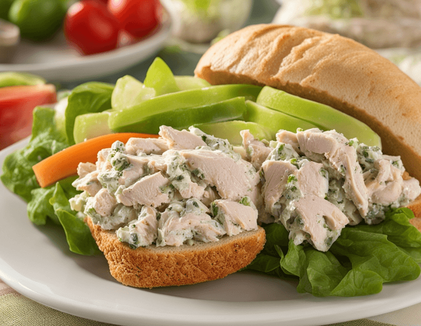 Alt text for the second picture:
A sandwich made with Chicken Salad Chick recipe, featuring soft bread filled with creamy chicken salad, crisp lettuce, and a few slices of tomato. The sandwich is cut in half, revealing the flavorful chicken mixture inside.
