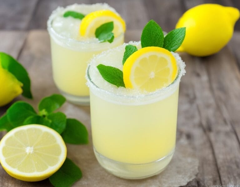 A refreshing glass of Lemon Crush Drink recipe garnished with mint leaves and lemon slices, with ice cubes floating in the bright, zesty beverage, perfect for a summer day.