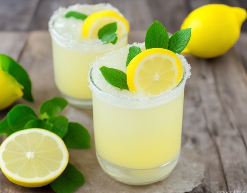 A refreshing glass of Lemon Crush Drink recipe garnished with mint leaves and lemon slices, with ice cubes floating in the bright, zesty beverage, perfect for a summer day.
