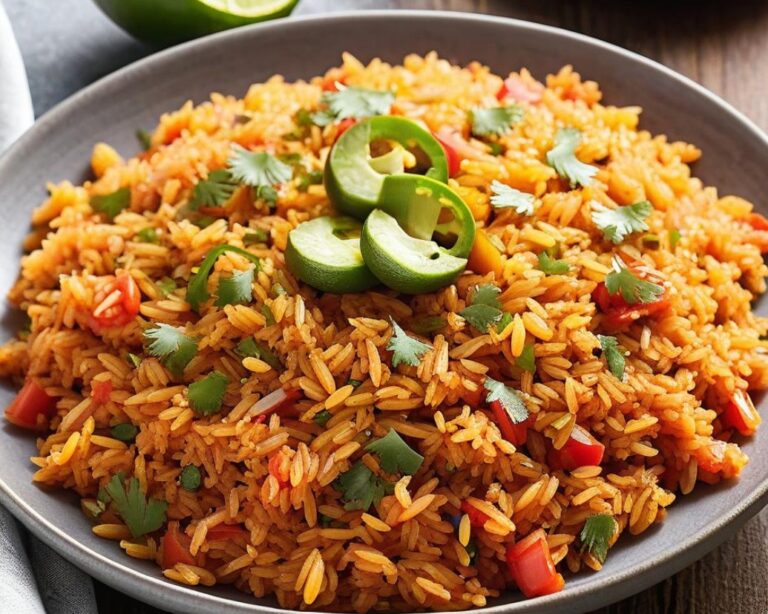 A bowl of fluffy Mexican rice garnished with fresh cilantro, served with tacos and salsa. Mexican Rice Recipe