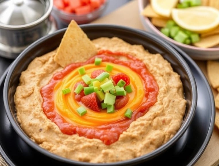 A bowl of warm Rotel Dip with melted cheese, ground beef, and tortilla chips.