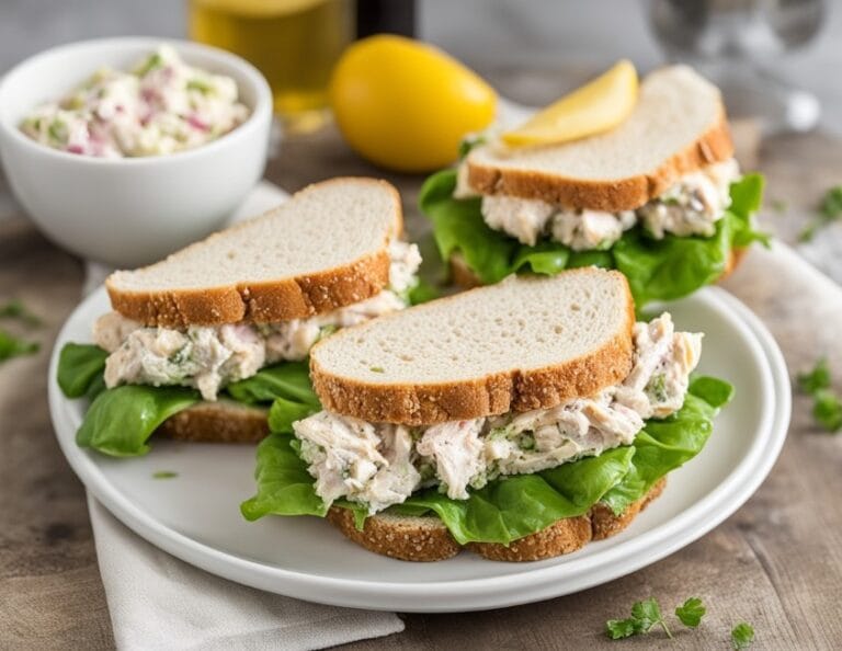A sandwich made with Chicken Salad Chick recipe, featuring soft bread filled with creamy chicken salad, crisp lettuce, and a few slices of tomato. The sandwich is cut in half, revealing the flavorful chicken mixture inside.